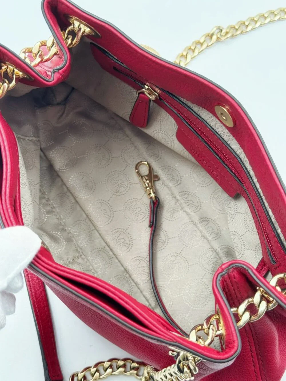 Michael Kors Red Leather Chain Shoulder Bag Gold Tone MK Charm Tote